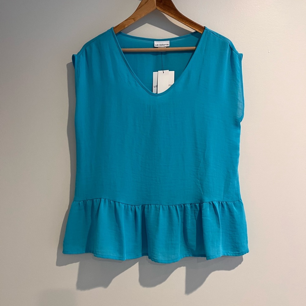 Liz Claiborne Sleeveless Cap Sleeve Peplum Ruffle Top Small Flowy Tropical Blue